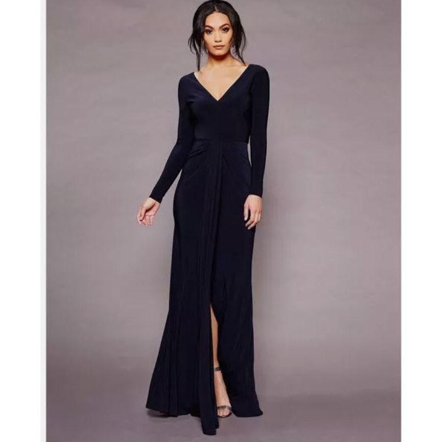 Vera Wang Navy Blue Long Sleeve V Neck Ruched Evening Gown Long Dress (4)